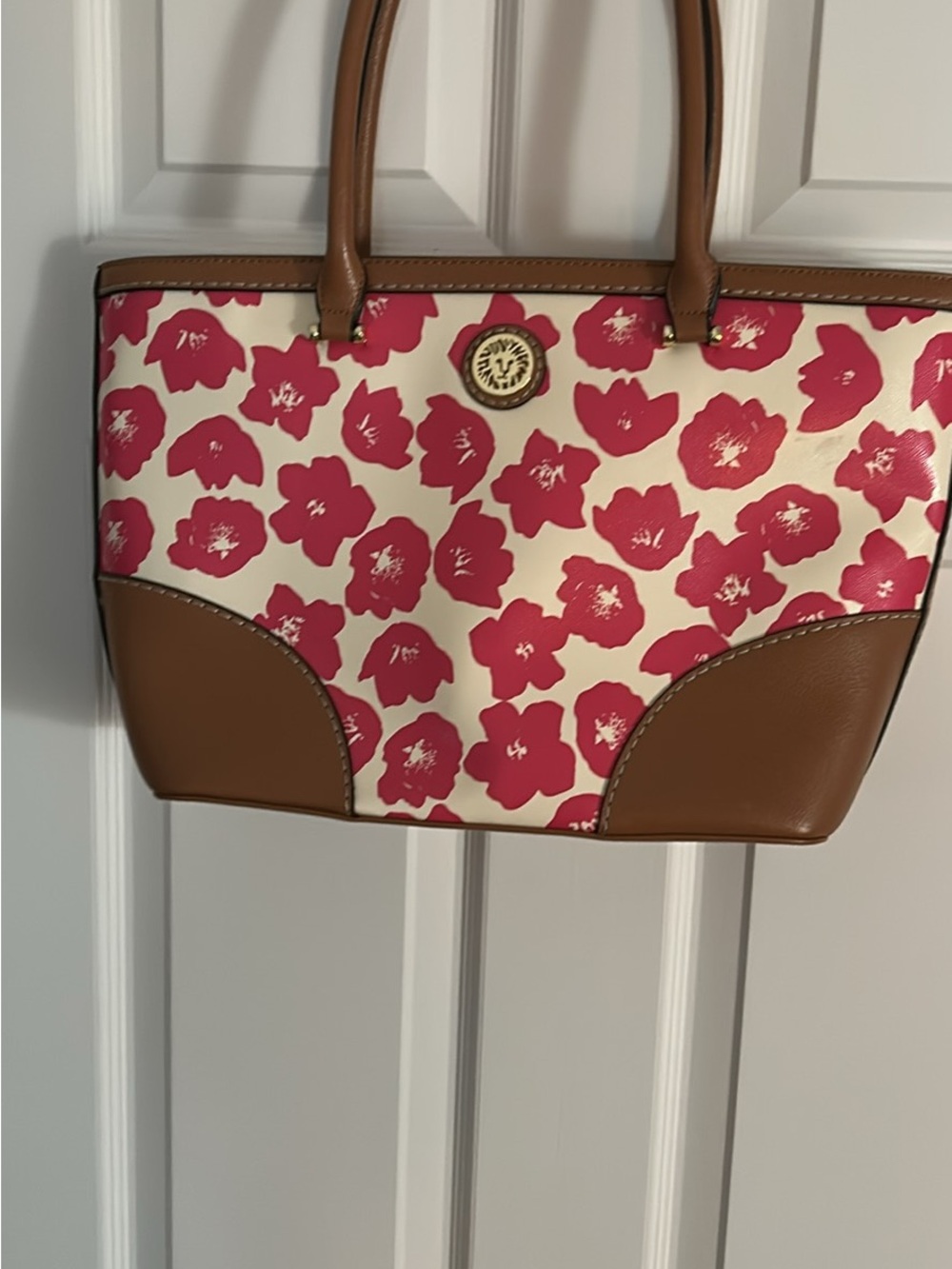 Anne Klein Pink Floral Cream Tote with Brown Trim